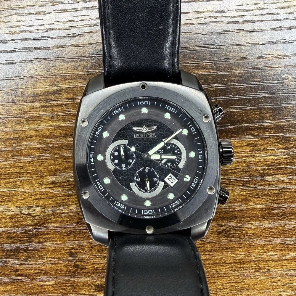 Invicta S1 Rally 5164 Mens Black Chronograph Quartz Watch Leather Band 100M